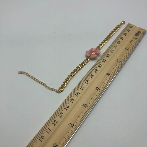 18K Gold Plated Women's Bracelet with Pink Flower Hypoallergenic Waterproof - Picture 9 of 10